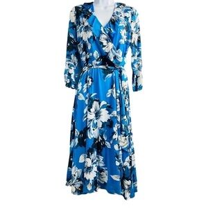 Robert Louis Women’s Sz Med. Blue W/ White Floral Ruffle V-Neck Faux Wrap Dress